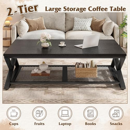 EnHomee Coffee Table, Storage & Shelf, X-Frame Stability, Black Oak | Families, Wood & Metal, Holds Magazines & Drinks, Modern Design, Living Room, 47.2“ - color: Black Oak, size: 47.2 Inch