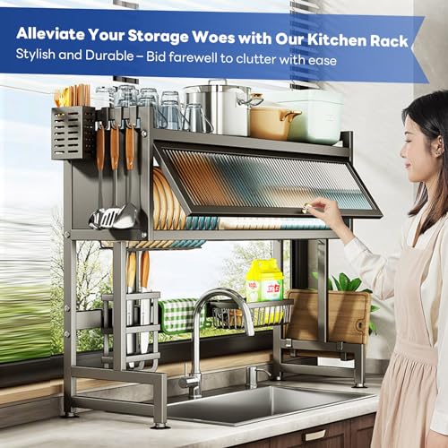 Hdrriozu Over the Sink Dish Drainer Drying Rack 3 Tier with Cover | Rust resistant built to last. Easy install simple tools. Holds all dishes glasses bowls. Space saving over sink tidy kitchen. - color: Matte gray