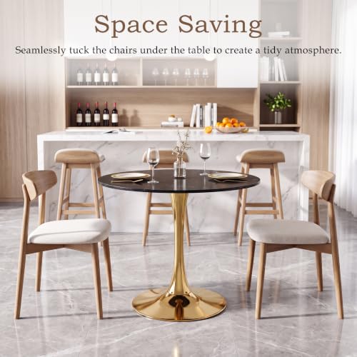 31.5" Round Tulip Dining Table, Circle Tulip Table with MDF Tabletop and Gold Metal Pedestal Base, Mid Century Modern Bistro Table for Kitchen, Dining Room, Cafe (Black and Gold) - color: Black and Gold