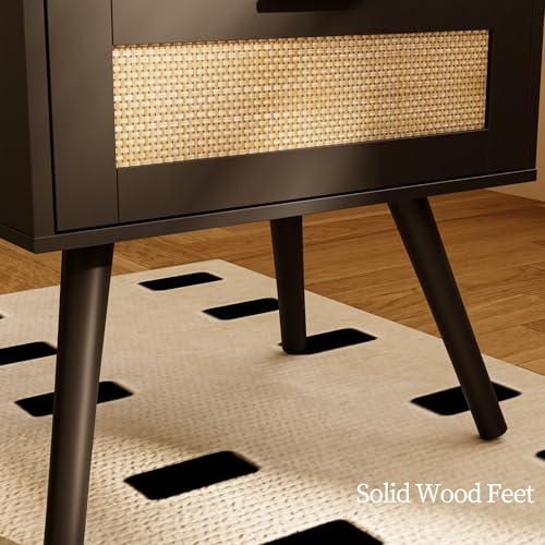 Rattan Nightstand,Farmhouse Bedside Table with 2 Storage Drawer and Open Wood Shelf, for Bedroom and Small Spaces,Night Stand with Solid Wood Legs (Black) - color: Black