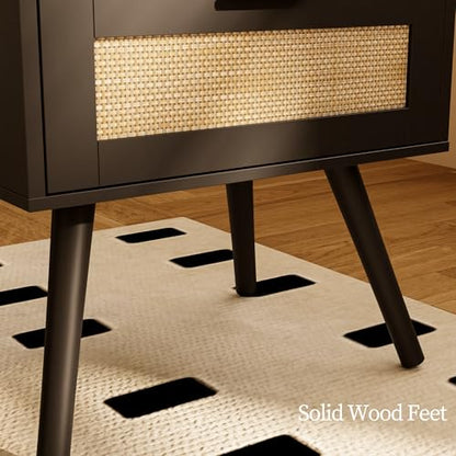 Rattan Nightstand,Farmhouse Bedside Table with 2 Storage Drawer and Open Wood Shelf, for Bedroom and Small Spaces,Night Stand with Solid Wood Legs (Black) - color: Black