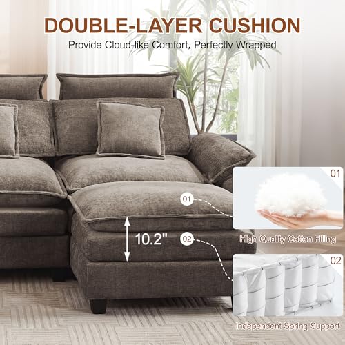 103'' Modular L Shaped Sofa, Cloud Deep Seat Sofa Couch with Ottoman, Detachable Headrest, 3 Seater Sectional Sofas for Living Room, Apartment, Studio, Brown - color: Brown, size: L Shaped Couch