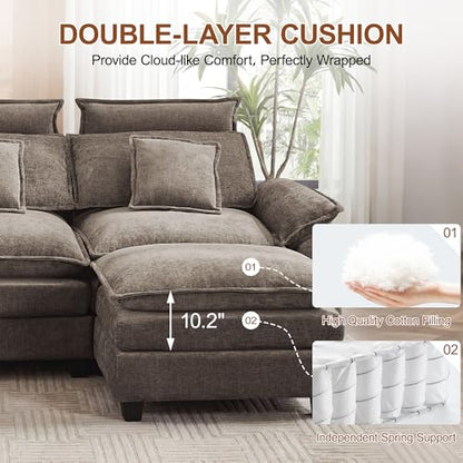 134'' U Shaped Sectional Couch, Cloud Deep Seat Sofa Couch with 2 Ottoman, Detachable Headrest, Oversized Modular 5 Seater Sofas for Living Room, Brown - color: Brown, size: U Shaped Couch