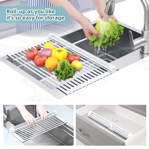 Ohuhu Over Sink Dish Drying Rack, 17.6" W x 15.4" L Roll Up Dish Racks Kitchen Sink Organizer Silicone Wrapped Large in Sink Dish Drying Rack Foldable Rolling Drain Mats Anti-Slip - color: White, size: 17.6"W x 15.4"L