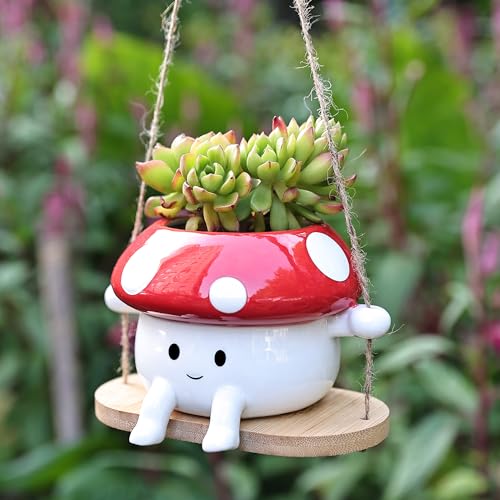 Fungi Fun Mushroom Hanging Planter Pot, Cute Ceramic Swing Face Planter for Indoor & Outdoor, Unique Mushroom Planters for Succulents, String of Pearls Plant, Small Hanging Planters Red & White