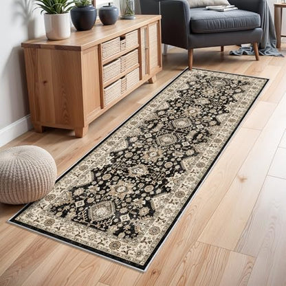 Washable Hallway Runner Rug 2x6: Non Slip Runner Rugs with Rubber Backing | Soft Kitchen Rug Farmhouse Distressed Carpet Runner for Living Room Bedroom Bathroom - Black and Green Rug Stain Resistant - color: Black, size: 2' x 6' (Rectangular)