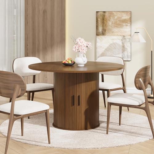 IDEALHOUSE 47 Inch Round Dining Table for 4, Walnut | With 2-Tier Shelf and Wood Slide Door, Pedestal Dinner Table Space Saving, T-Shape Base, Dining Room, Classic Walnut Finish - color: Walnut