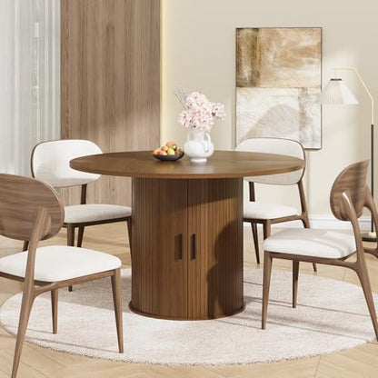 IDEALHOUSE 47 Inch Round Dining Table for 4, Walnut | With 2-Tier Shelf and Wood Slide Door, Pedestal Dinner Table Space Saving, T-Shape Base, Dining Room, Classic Walnut Finish - color: Walnut