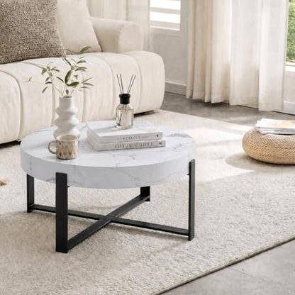 Round Coffee Table, Modern Faux Marble Coffee Table with Metal Frame, Small Wood Circle Table, Round Accent Center Tables for Living Room Apartment Small Space(31.5''D-White Marble) - color: X-white Marble