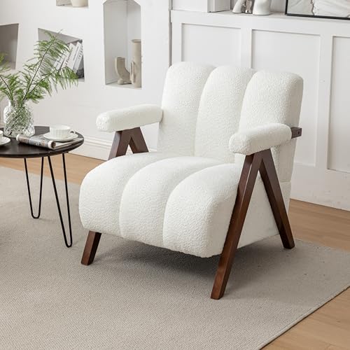 Mid Century Modern Accent Chair with Solid Wood Frame, Boucle Upholstered Living Room Chairs with Thick Cushion, Comfy Tufted Arm Chair for Bedroom, Ivory - color: Ivory, size: 1-seater