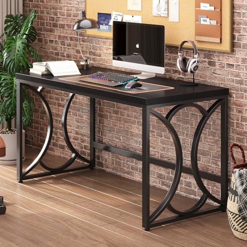 HSH Black Computer Desk,55 Inch Metal Wooden Home Office Writing Desk | Industrial Executive Desk for Work , Modern Student Gaming Computer PC Table,Work from Home,Sturdy Metal Frame,Easy Assembly - color: Black Oak
