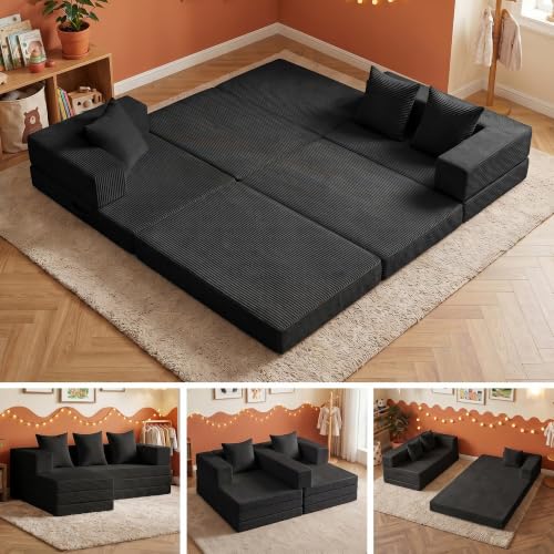 6-in-1 Boneless Couches Modular Sectional Sofa | Cloud Couch Sectional & Tri-Folding Mattress | Corduroy Pet-Friendly Convertible Sofa Bed with 800LB Capacity Living Room, Apartment, Guest Room - color: Black