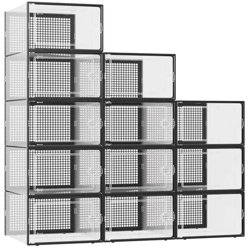 Kuject XXX-Large Shoe Storage Boxes 12 Pack, Clear Stackable Shoe Organizer | Shoe Case for Closet, Entryway & Under-Bed Storage, Drop-Front Design, Space-Saving Solution for Family Organization,Black - color: Black, size: XXX-Large