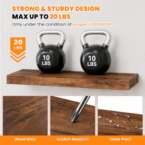 RICHER HOUSE 12 Inch Deep Floating Shelves, 36 Inch Long Wall Shelf, Brown | Rustic Wood Wall Mounted Shelves, Bookshelf Set of 2 with Invisible Bracket for Display Bathroom Bedroom Kitchen Living Room - color: Brown, size: 36in