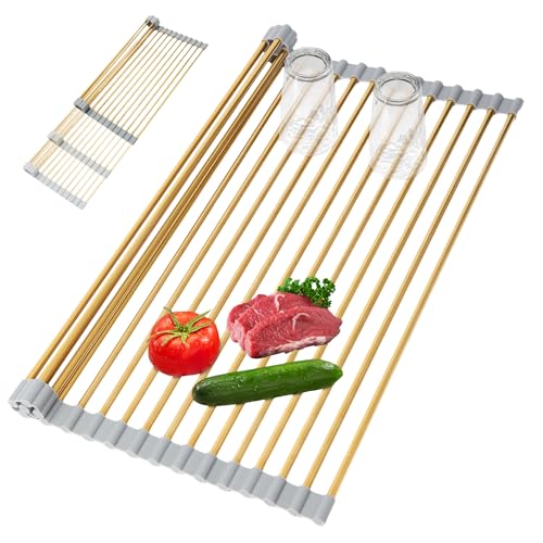 Golden Expandable Roll-UP Dish Drying Rack-Large 304 Stainless Steel Dish Drainer Over The Sink for Kitchen Countertop,Extendable & Rollable & Food Grade (Gold,22.08'x 13.2') - color: Gold, size: Large Expandable
