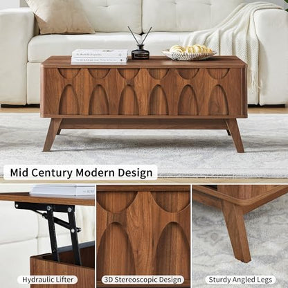 Bifins Coffee Table, Lift Top Coffee Table with Hidden Compartment | Mid Century Modern Coffee Table with Storage, Rectangular Center Table with Lift Tabletop for Living Room - color: Walunt