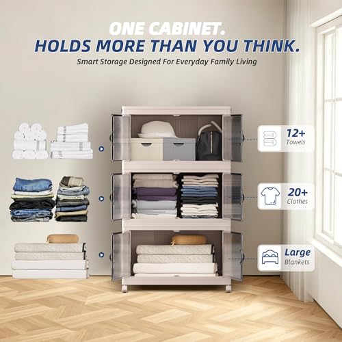 SAILUN 381Qt Extra Large Stackable Storage Bins Folding Collapsible Storage Bins with a Lid, Closet Organizers and Storage Blush White 28" W x 17" D x 46" H | Stackable Storage Drawers with Lids,28" W x 17" D x 46" H,Featuring open-front Access for Clothe