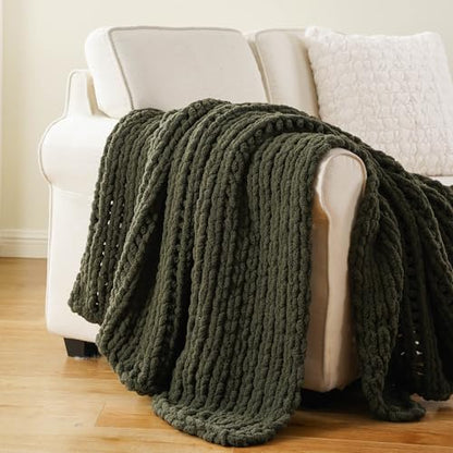 Olive Green Chunky Knit Throw Blanket, Knit Throw Blanket for Couch 50"x60" | Soft Thick Green Chenille Throw Blanket, Handmade Cable Knit Crochet Blanket for Bed, Sofa, Living Room - color: Olive Green