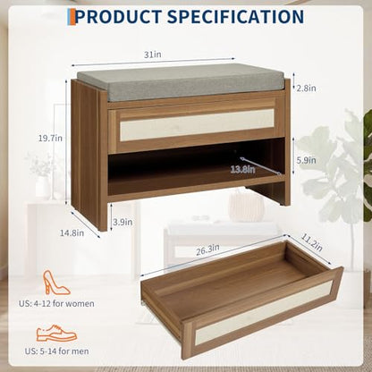Rattan Drawer Shoe Bench with Soft Cushioned Seat for Hallway | Entryway Storage Shoe Stool - color: Caramel Oak