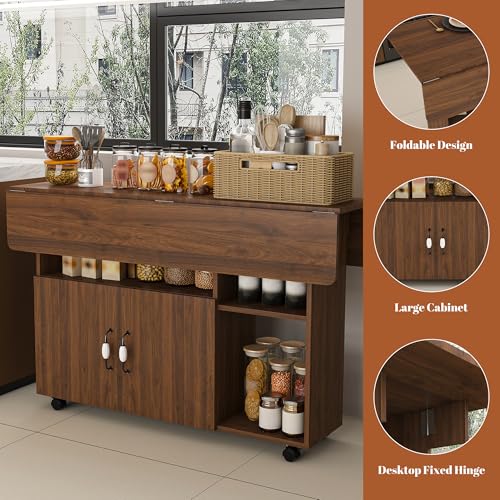 KEIKI 47 Inch Foldable Dining Table, Multi-Functional Folding Table with Storage Shelves and Wheels, Drop Leaf Extendable Dining Desk, Versatile Foldable Side Table for Kitchen, Dark Walnut - color: Drak Walnut
