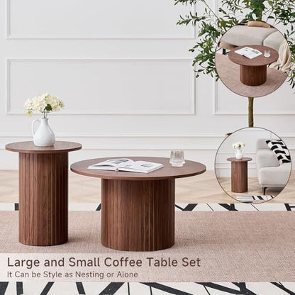 Round Nesting Coffee Table Set of 2 Mid Century Modern Wood Round Coffee Tables with Flexible Small Boho Circle Side Table for Space Saving Living Room Comedor Home Office Bedroom(Brown) - color: 2pcs Brown