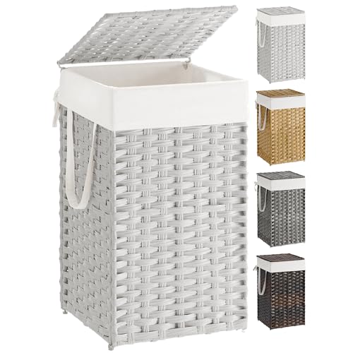 SONGMICS Laundry Hamper with Lid, 17.2 Gallon (65 L) Synthetic Rattan Clothes Laundry Basket with Lid and Handles, Foldable, Removable Liner, Cloud White ULCB165W01 | Clothes Laundry Basket with Handles, Removable Liner, Cloud White, ELIOTT Collection ULC