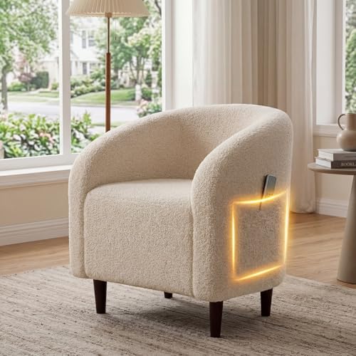 TLSUNNY Accent Chair, Upholstered Comfy Teddy Fabric Barrel Chair | Modern Furry Barrel Chair with a Side Pocket, Club Armchair for Living Room/Bedroom/Reception Room - color: Beige