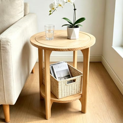 Solid Wood Round Side Table for Living Room, Bedroom | 2-Tier Wooden End Tables, Mid Century Modern Circular Nightstand Bedside Table, Easy Assembly (Natural Wood) - color: Natural Wood