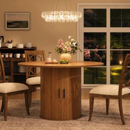 IDEALHOUSE 47 Inch Round Dining Table for 4, Walnut | With 2-Tier Shelf and Wood Slide Door, Pedestal Dinner Table Space Saving, T-Shape Base, Dining Room, Classic Walnut Finish - color: Walnut