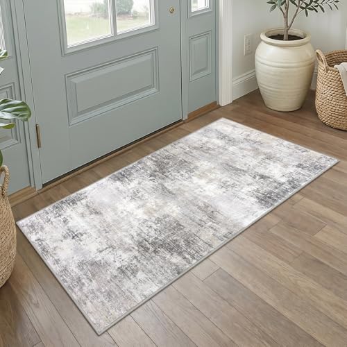 Abstract Runner Rug 2x4 Ft Entryway Rugs Washable Door Mat Indoor Entrance, Rubber Backed Entryway Runners, Printed Faux Wool Non Slip Floor Carpet for Foyer Front Door Sink, Grey Beige - color: Ash Grey/Beige, size: 2' x 4' (Rectangular)