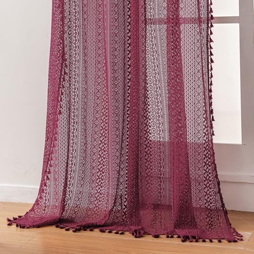 WAZZIO Boho Lace Curtains 63 Inches 2 Panel,Light Filtering Privacy Tassel & Geometry Crochet Semi Sheer Curtain Drapes for Bedroom Living Dining Room,Rod Pocket & Tassel,Burgundy Red - color: Burgundy, size: 59"W x 63"L (Pack of 2)