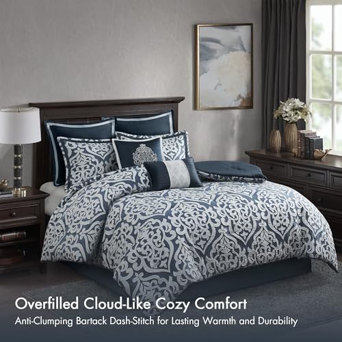 Madison Park Odette Cozy Comforter Set Jacquard Damask Medallion Design - Modern All Season, Down Alternative Bedding, Shams, Decorative Pillows, Queen(90 in x 90 in),Navy 8 Piece | All Season Down Alternative Bedding with Comforter, Shams, Bed Skirt, Dec