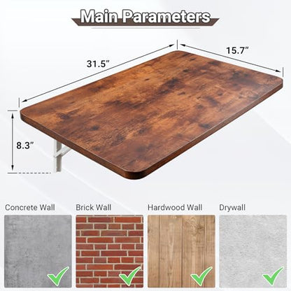 Neoaider Wall Mounted Folding Table 31.5”L x 15.7”W, Brown | Laundry Folding Table with Heavy Duty Metal Collapsible Shelf Brackets, Wall Mounted Desk Fold Down for Small Spaces - color: Brown, size: 31.5" x 15.7"