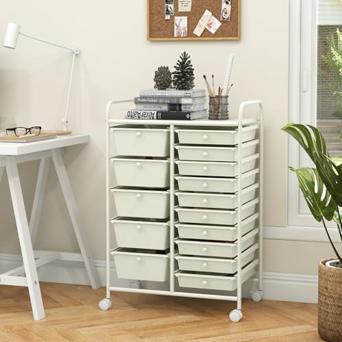 GOFLAME 15-Drawer Rolling Storage Cart, Craft Storage Cart with Removable Drawers & Lockable Wheels, Art Cart Supply Storage Organizer for Home Office Classroom, White - color: White, size: 15 drawer-25"x14.5"x34.5"