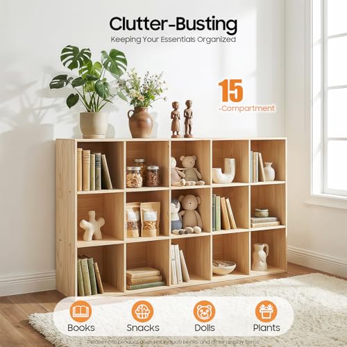 15 Cube Storage Organizer, Solid Wood Bookshelf with Back Panel, Floor Standing Open Bookcase, Vertical or Horizontal Shelf Unit for Living Room Office (59.1" L x 11.8" W x 35.4" H) - size: 15-Cube