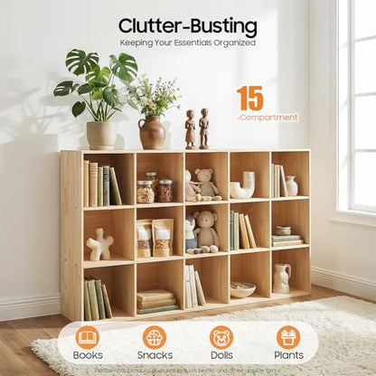 15 Cube Storage Organizer, Solid Wood Bookshelf with Back Panel, Floor Standing Open Bookcase, Vertical or Horizontal Shelf Unit for Living Room Office (59.1" L x 11.8" W x 35.4" H) - size: 15-Cube