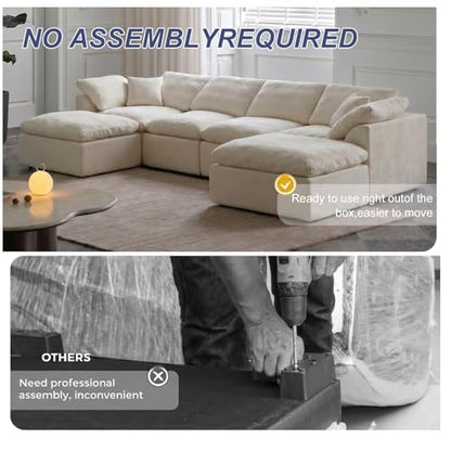 Cloud Couch Sectional for Living Room, Modular L Shaped Boneless Sofa with Chaise, Compressed No Assembly Couch, Deep Seat Chenille Upholstered Convertible Sofa Bed (Beige) (139″‌ U-Shaped White) - color: White