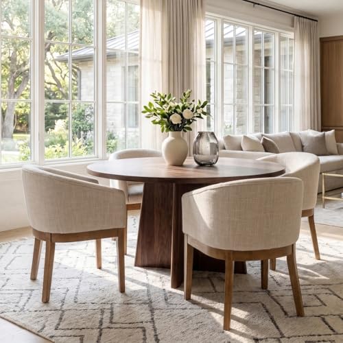 HNY Barrel Dining Chairs Set of 4, Mid Century Modern Upholstered Dining Chairs with Arms, Linen Kitchen & Dining Room Chairs, Solid Wood Frame Accent Chairs for Kitchen, Apartment, Beige - color: Beige,natural Lges, size: 4 Chairs