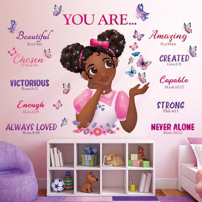 DECOWALL Black Girl Bible Verse Butterfly Wall Stickers Decals (SG2-2315) | Peel and stick, removable African American girl decor with affirmations, flowers and faith quotes for kids bedroom or nursery