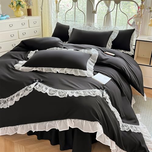 MOOWOO Lace Ruffled Bedding Setwith Cute Bowtie-3PC(1 Full Duvet Cover 80x90 Inch, 2 Pillowcases) Aesthetic, Black Goth Bedding for All Season - color: Black, size: Full