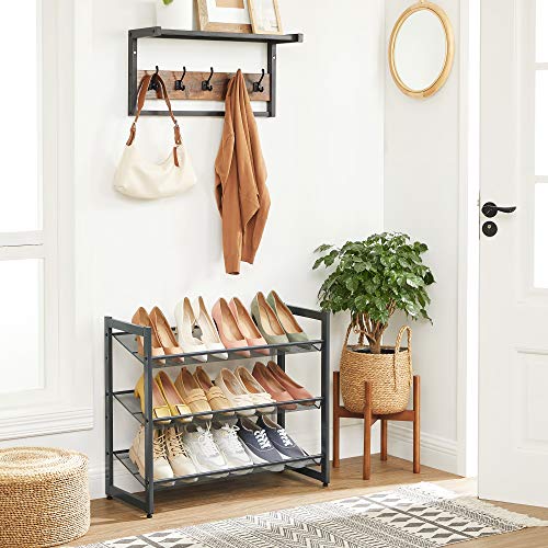 SONGMICS Shoe Rack, 3-Tier Shoe Organizer, Metal Shoe Storage for Garage, Stackable Shoe Shelf, with Adjustable Flat or Angled Shelves, 9-12 Pairs, Charcoal Gray ULMR03GB - color: Charcoal Gray, size: 3 Tiers (29.1''W)