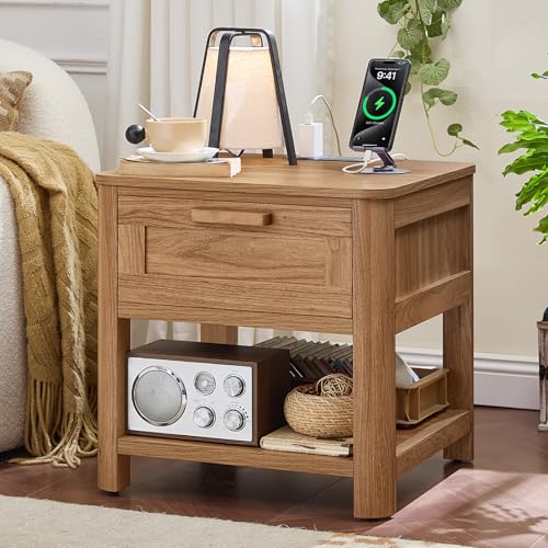 Joaxswe Farmhouse Side Tables Living Room, Brown | Small Nightstand with 1 Drawers & Open Shelving & 4 Thickened Table Legs & Rounded Corners - color: Dark Wood, size: Single