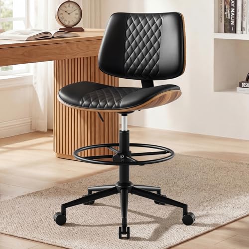 Drafting Chair with Adjustable Footrest, Rolling Walnut Stool, Black | Armless Tall Swivel Stool for Standing Desk, PU Leather Curved Bentwood, Rolling for Office & Art Studio, 300LBS Capacity - color: Black