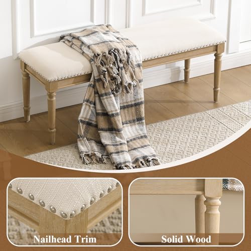 46'' French Country Entryway Bench Wooden Linen Fabric Upholstered Seat Dinng Bench with Nailhead Trim for Hallway End of Bed, Beige - color: Linen, Beige, Nailhead Trim