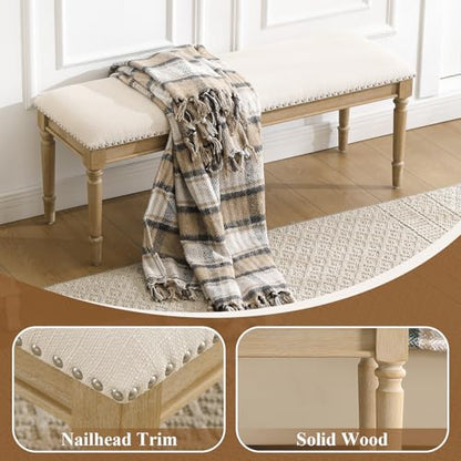 46'' French Country Entryway Bench Wooden Linen Fabric Upholstered Seat Dinng Bench with Nailhead Trim for Hallway End of Bed, Beige - color: Linen, Beige, Nailhead Trim
