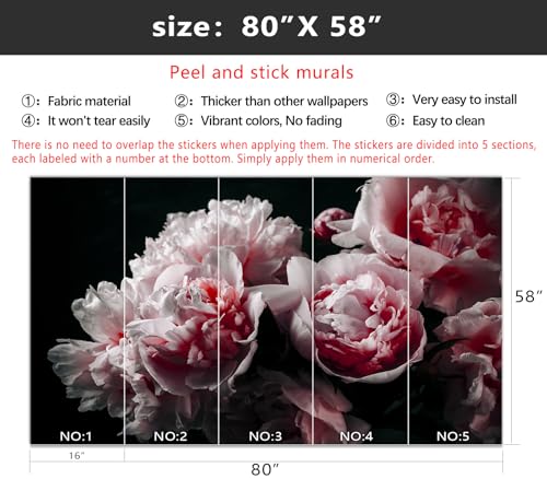 YIHWM-Peel and Stick Pink Flowers Wallpaper Dark Peony Floral Wall Mural | Tear-resistant,with a substantial feel;Will not be damaged during repositioning.Bathroom,Bedroom wallpaper.S-80"x58" - color: Yh10, size: 80"x58"