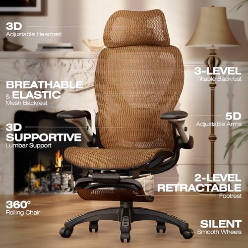 X100 Ergonomic Mesh Office Chair with Footrest, Big and Tall Home Desk Chair with 5D Flip-Up Arms, Adjustable 3D Lumbar Support, Gaming & Executive Computer Chair (Tangerine Burst) - color: Tangerine Burst
