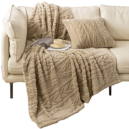 YUSOKI Sherpa Fleece Large Throw Blanket, Tan, 50"x65" | 3D Stylish Design,320GSM, Non-Shedding, Lightweight for All Season Use, stays fluffy after repeated washes, Perfect Gifts - color: Tan-(without Pillows), size: Throw (50" x 65")