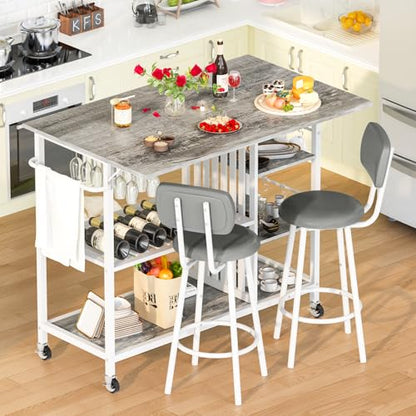Recaceik Small Kitchen Island Table for 2 with Storage & Seating, Drop Leaf Dining Table Set for Small Space (Grey)