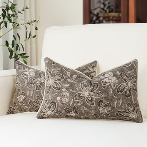 MATTINS 12x20 Vintage Floral Patterned Lumbar Pillow Cover, Gray Brown 2PC | Farmhouse Decorative Pillow Covers, Country Botanical Jacquard Design, Cottage Boho Accent for Sofa, Bed, and Living Room - color: Gray Brown, size: 20" x 12" (Pack of 2)